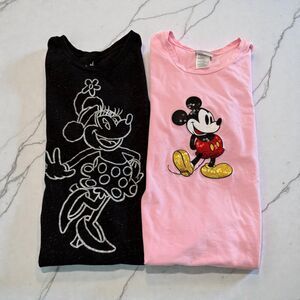 Lot 2 Disney Parks Mickey Minnie Mouse Size XXL Pink Sequin Black Bling T Shirt